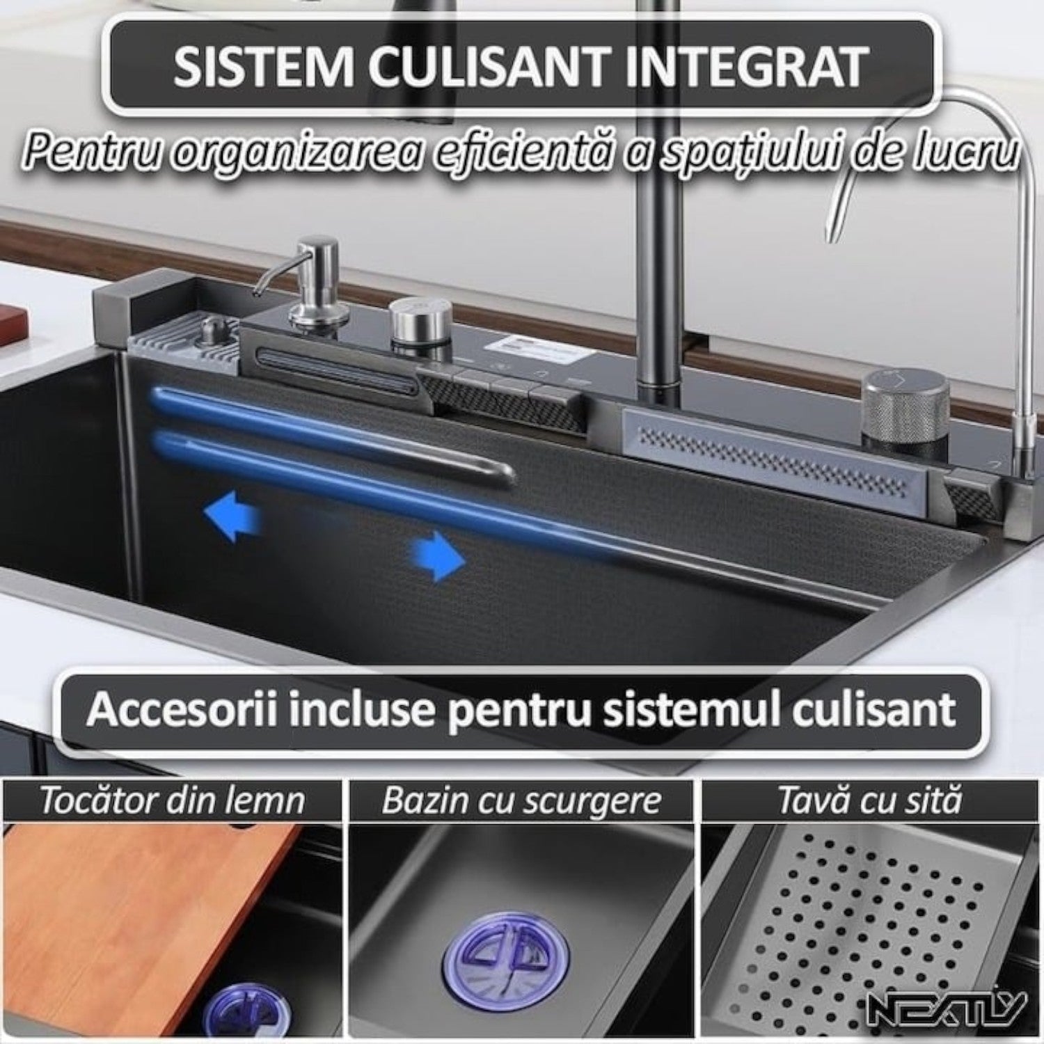 Chiuveta multifunctionala cu 2 cascade, afisaj digital, accesorii incluse, 750x460 mm, negru grafit