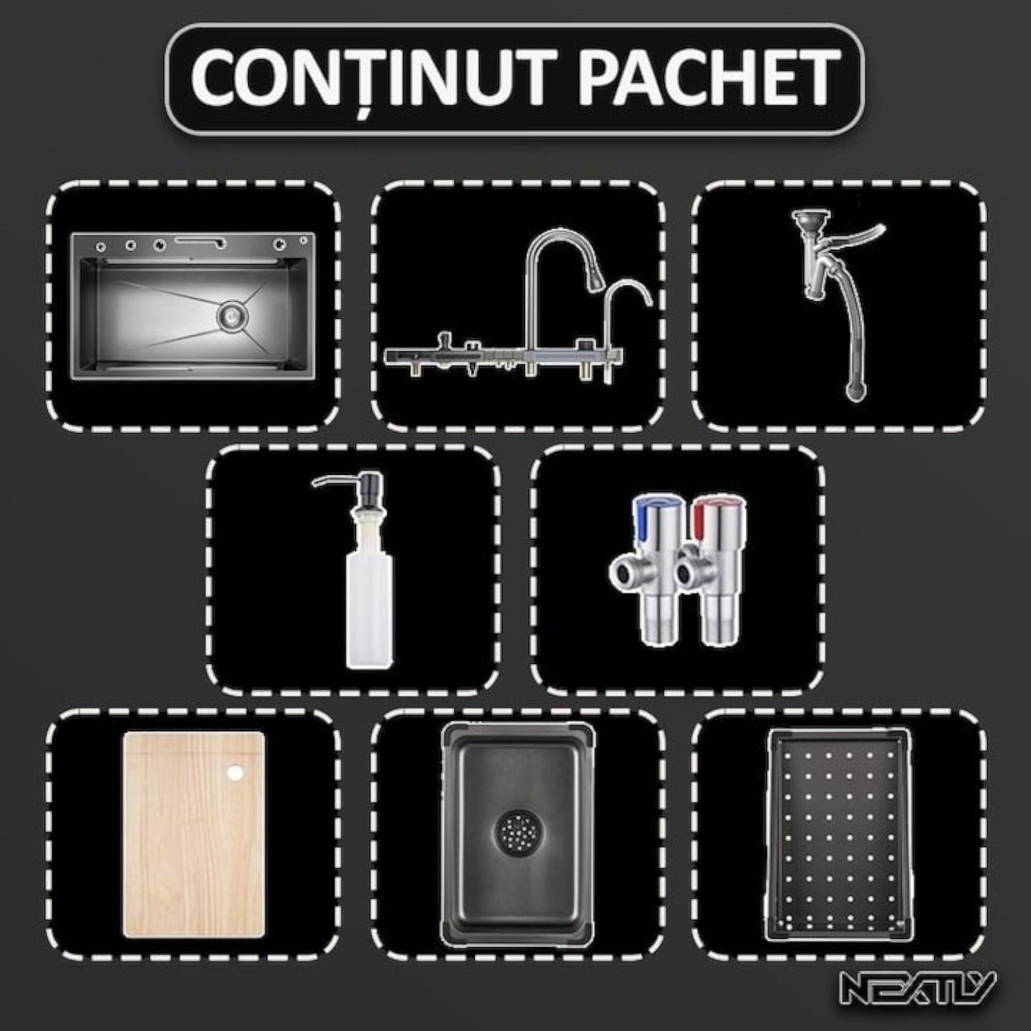 Chiuveta multifunctionala cu 2 cascade, afisaj digital, accesorii incluse, 750x460 mm, negru grafit