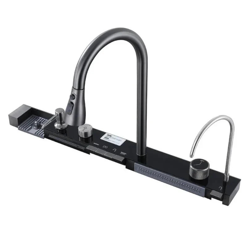 Consola multifunctionala pentru chiuveta, Afisaj digital, LED, 2 cascade, Clatitor pahare si robinet pentru apa filtrata, 750 mm, negru grafit