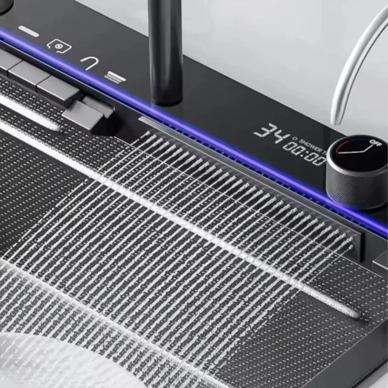 Consola multifunctionala pentru chiuveta, Afisaj digital, LED, 2 cascade, Clatitor pahare si robinet pentru apa filtrata, 750 mm, negru grafit