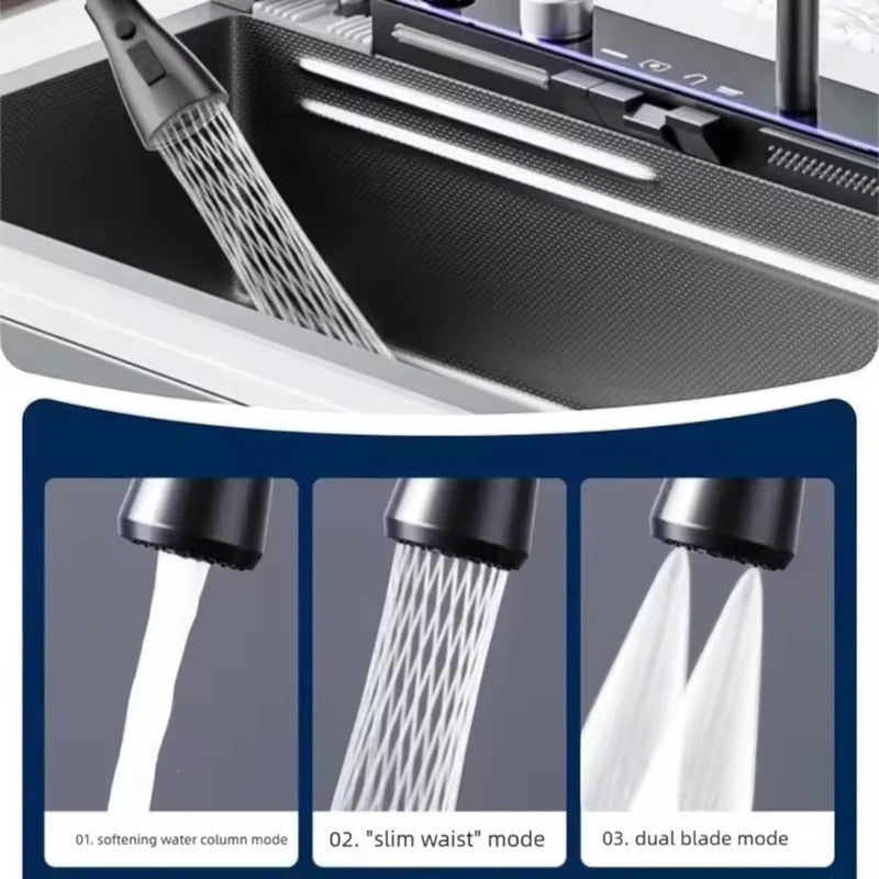 Consola multifunctionala pentru chiuveta, Afisaj digital, LED, 2 cascade, Clatitor pahare si robinet pentru apa filtrata, 750 mm, negru grafit