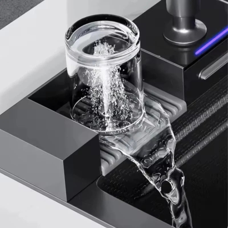 Consola multifunctionala pentru chiuveta, Afisaj digital, LED, 2 cascade, Clatitor pahare si robinet pentru apa filtrata, 750 mm, negru grafit