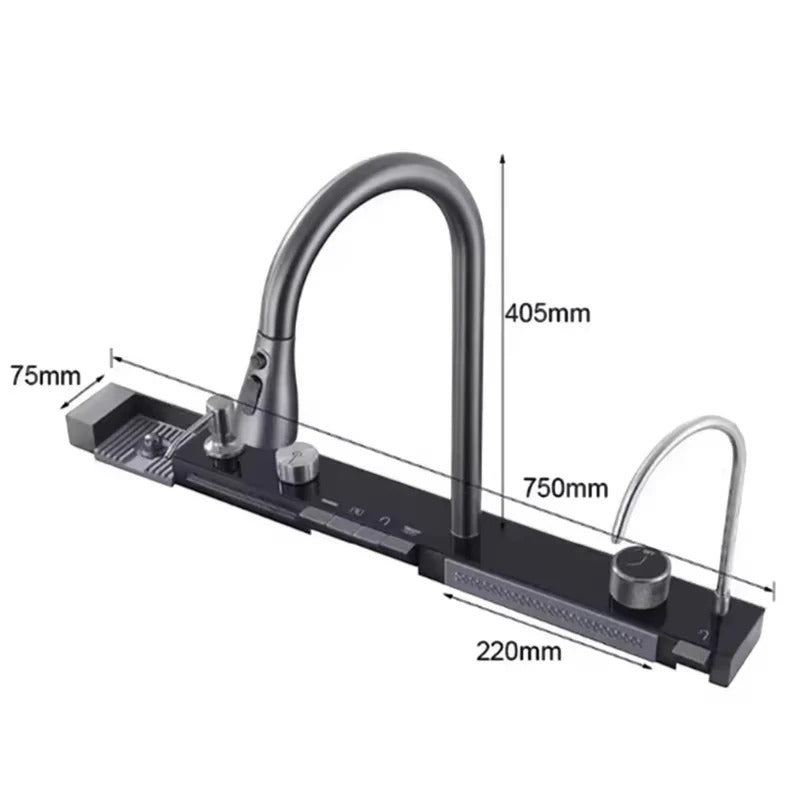 Consola multifunctionala pentru chiuveta, Afisaj digital, LED, 2 cascade, Clatitor pahare si robinet pentru apa filtrata, 750 mm, negru grafit