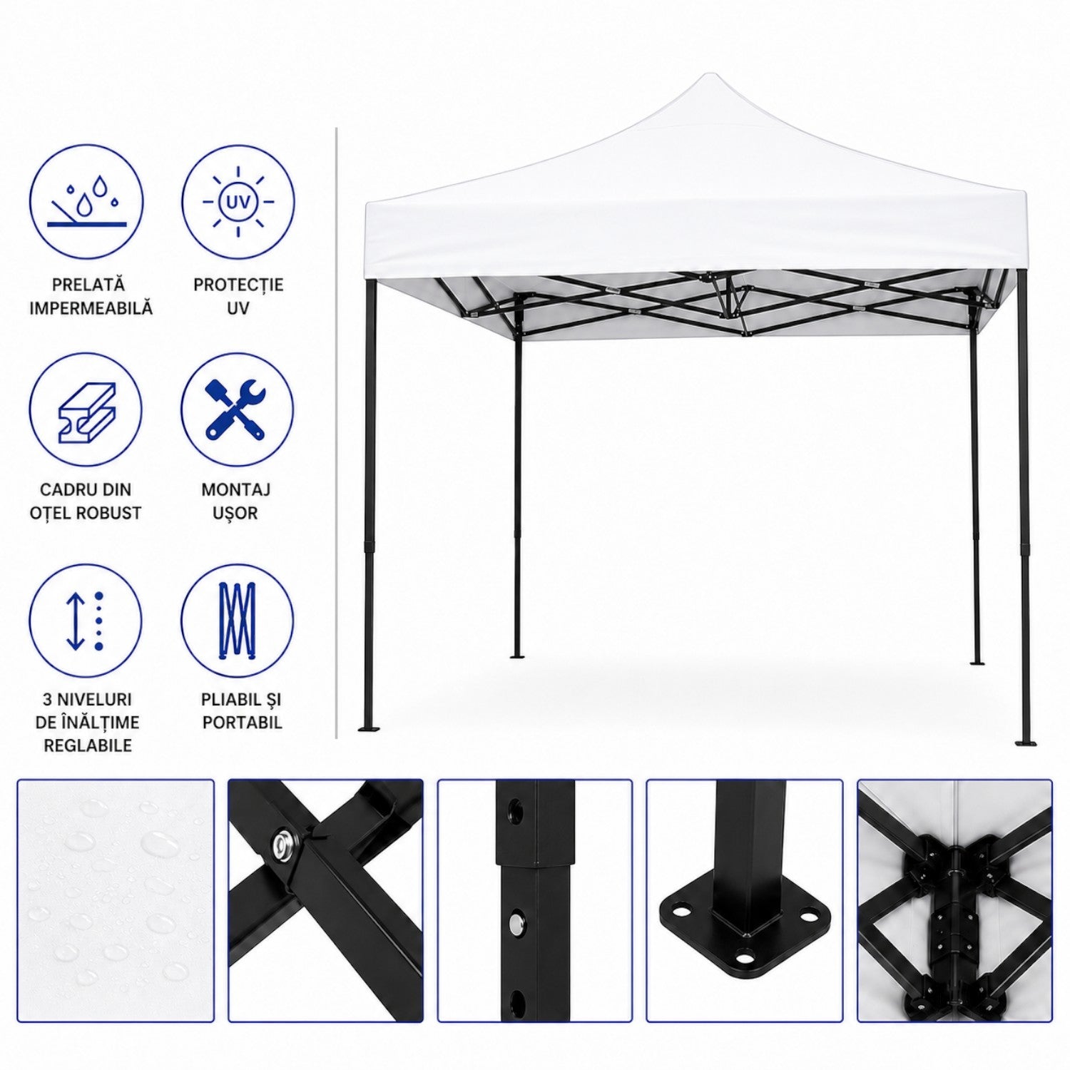 Cort pavilion 3x3m pliabil, cadru metalic, panza impermeabila
