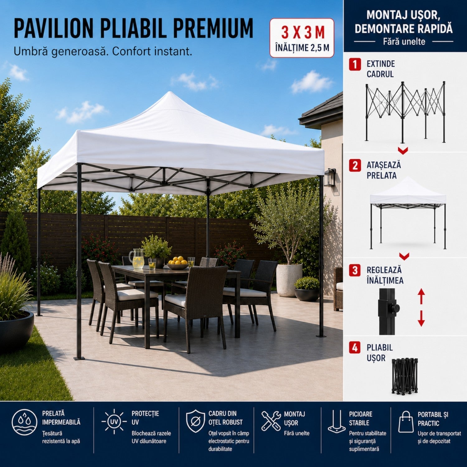 Cort pavilion 3x3m pliabil, cadru metalic, panza impermeabila