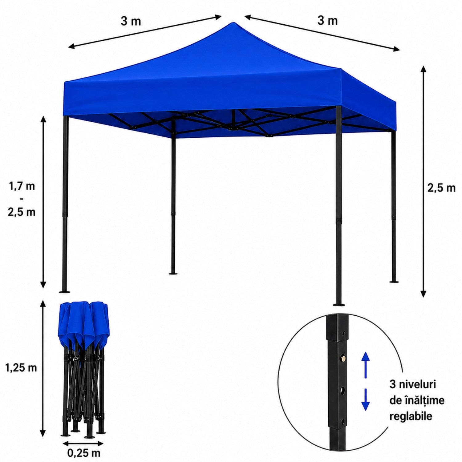 Cort pavilion 3x3m pliabil, cadru metalic, panza impermeabila