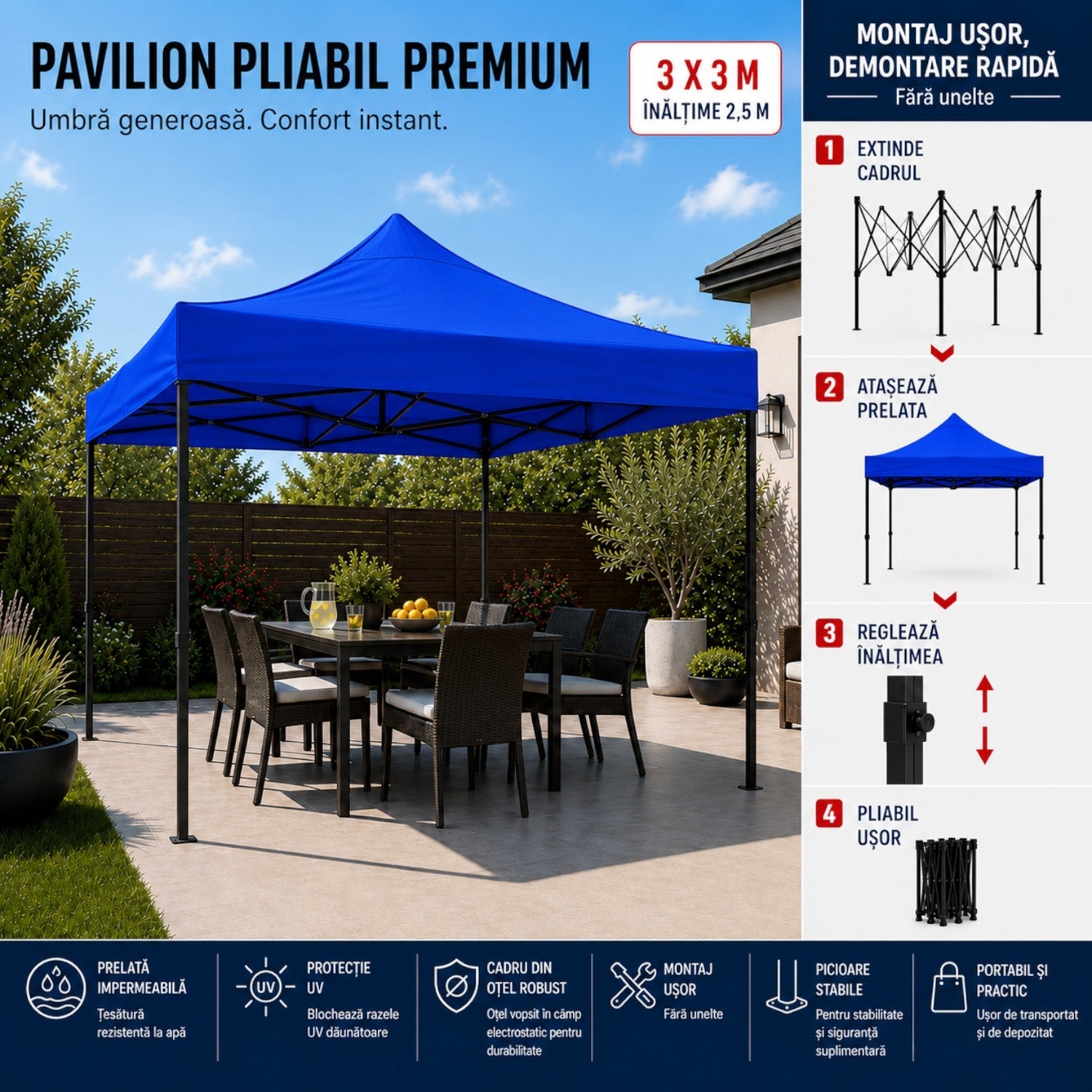 Cort pavilion 3x3m pliabil, cadru metalic, panza impermeabila