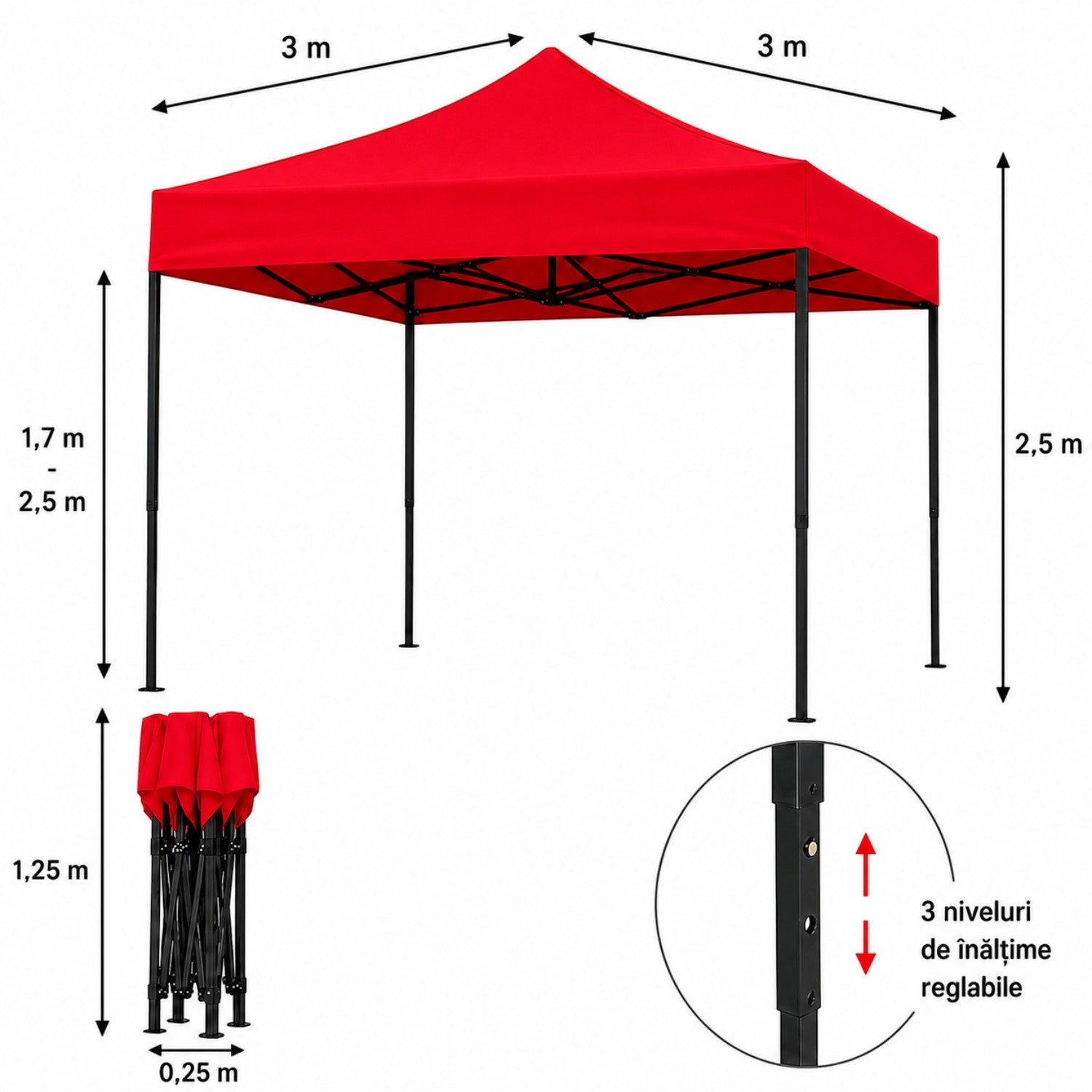 Cort pavilion 3x3m pliabil, cadru metalic, panza impermeabila