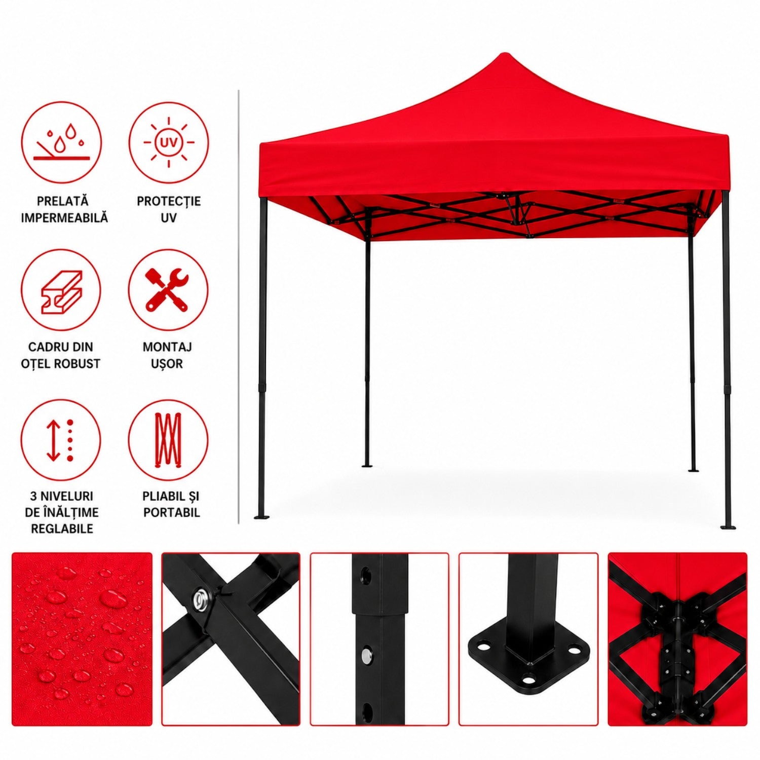 Cort pavilion 3x3m pliabil, cadru metalic, panza impermeabila