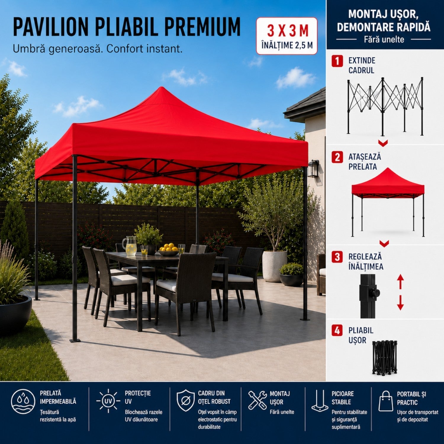 Cort pavilion 3x3m pliabil, cadru metalic, panza impermeabila