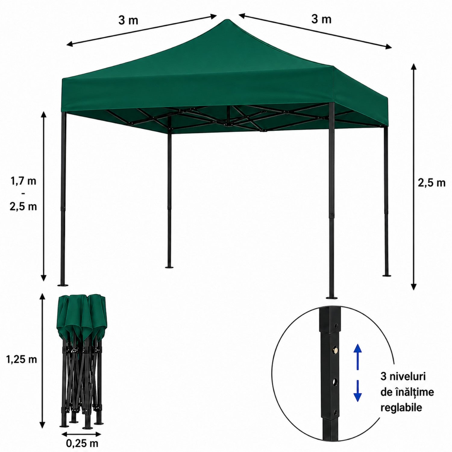 Cort pavilion 3x3m pliabil, cadru metalic, panza impermeabila