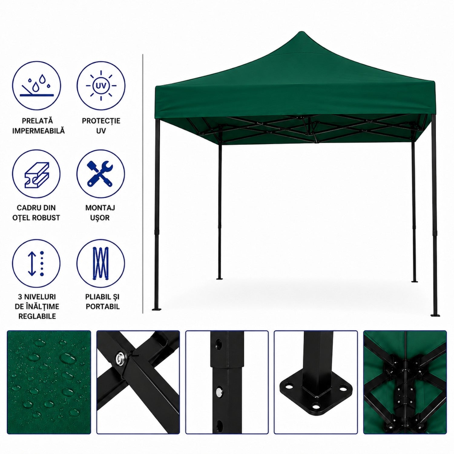 Cort pavilion 3x3m pliabil, cadru metalic, panza impermeabila