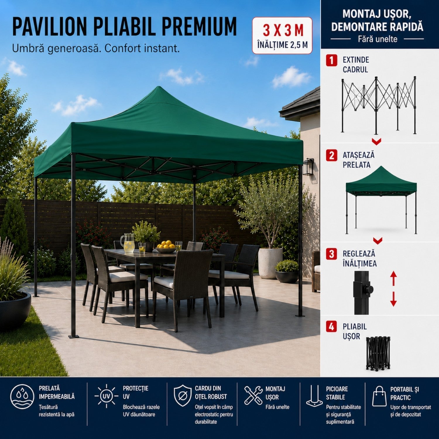 Cort pavilion 3x3m pliabil, cadru metalic, panza impermeabila