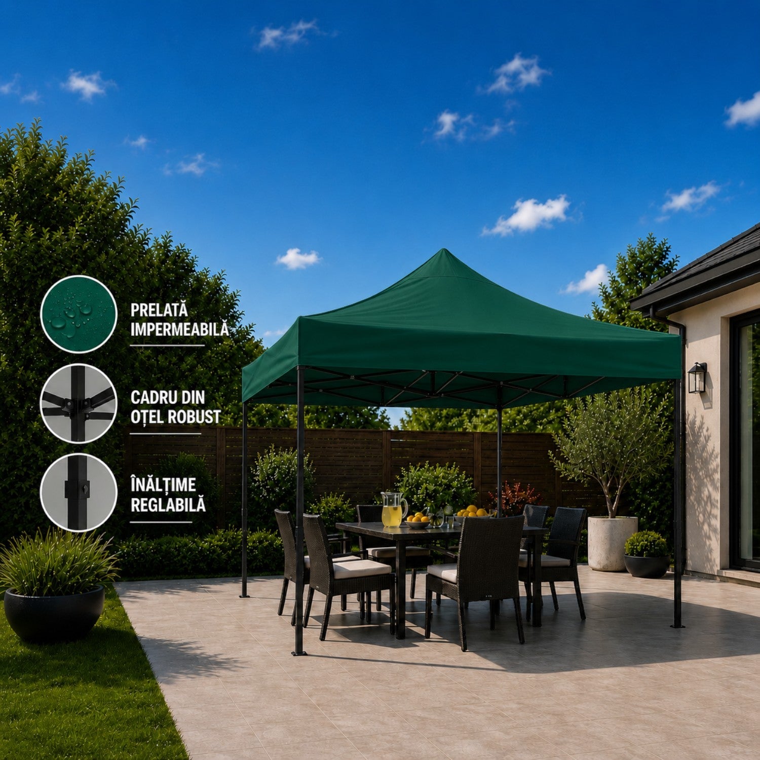 Cort pavilion 3x3m pliabil, cadru metalic, panza impermeabila