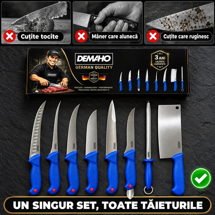 Set Cuțite Profesionale de Măcelărie DEMAHO, 8 Piese, Oțel Inoxidabil, Satâr și Masat Incluse, Mâner Antiderapant, Cutie Cadou