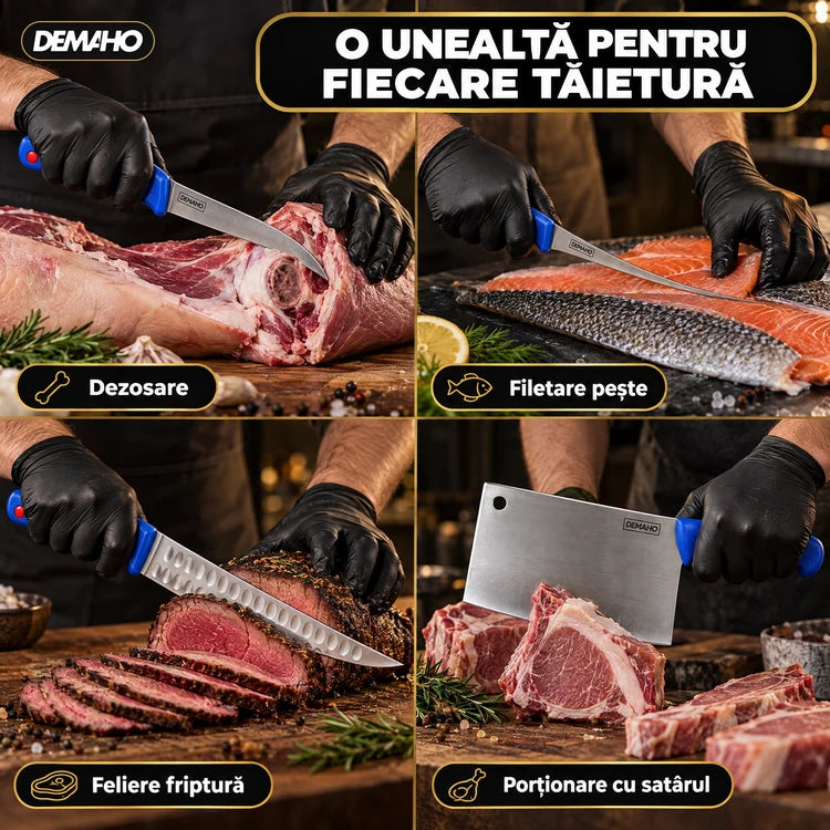 Set Cuțite Profesionale de Măcelărie DEMAHO, 8 Piese, Oțel Inoxidabil, Satâr și Masat Incluse, Mâner Antiderapant, Cutie Cadou