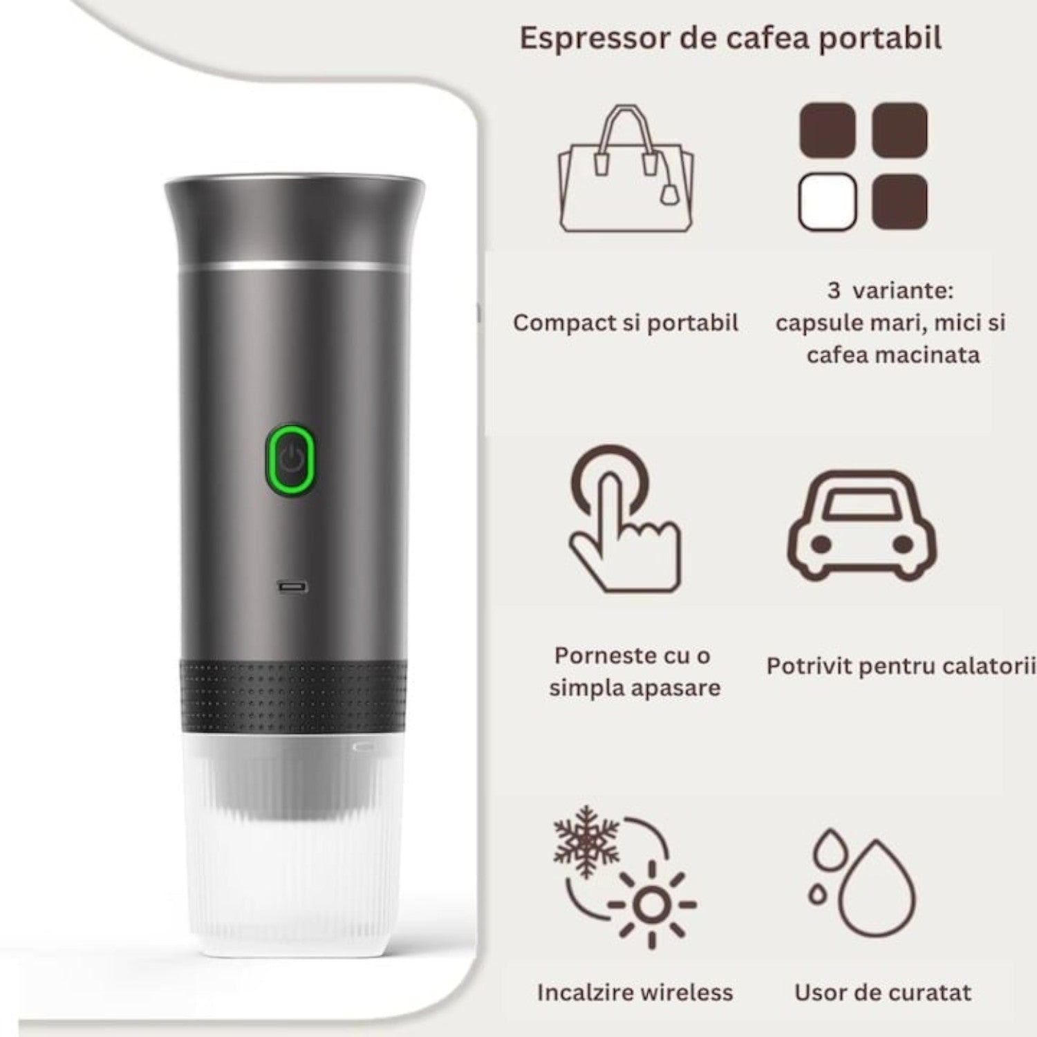 Espressor electric portabil, 72W, baterie 2500mAh, USB-C, 150ml, incalzire rapida