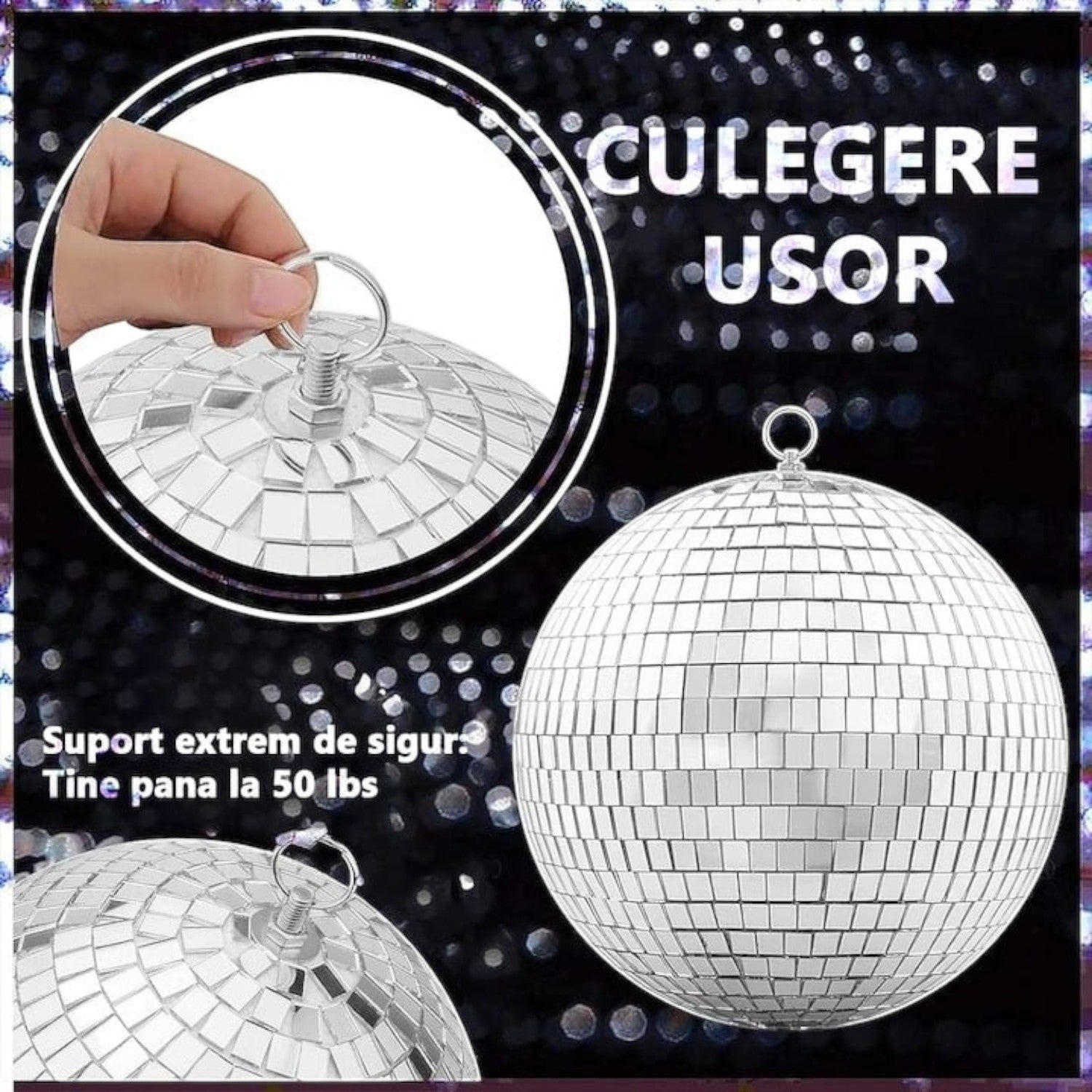 Glob Disco cu Aplicatii Oglinda, Diametru 30 cm, Reflectorizant, Cu Motoras, Sistem Agatare, Forma Sferica, Argintiu