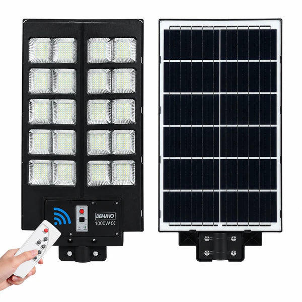 Lampă Solară Stradală DEMAHO 1000W – LED 80.000 lm, Senzor de Mișcare, Senzor de Lumină, IP66, Telecomandă, Suport de Prindere