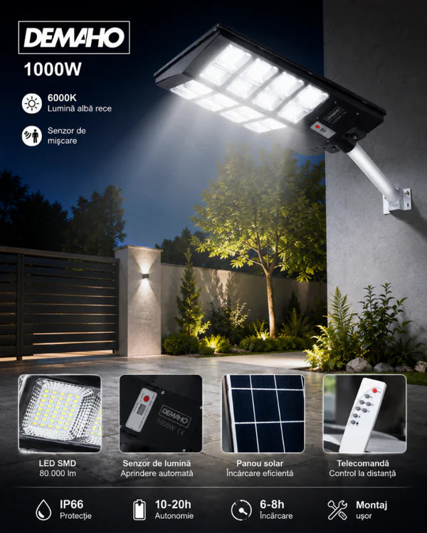 Lampă Solară Stradală DEMAHO 1000W – LED 80.000 lm, Senzor de Mișcare, Senzor de Lumină, IP66, Telecomandă, Suport de Prindere