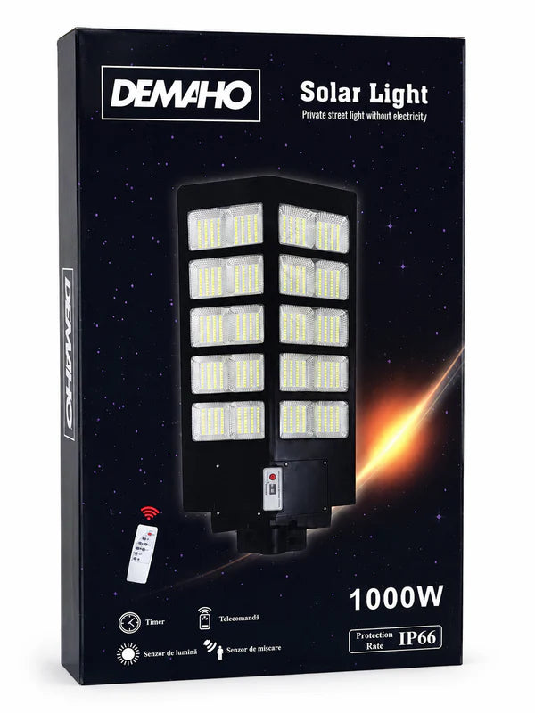 Lampă Solară Stradală DEMAHO 1000W – LED 80.000 lm, Senzor de Mișcare, Senzor de Lumină, IP66, Telecomandă, Suport de Prindere