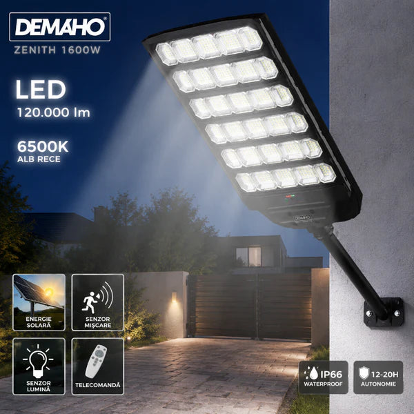 Lampă Solară Stradală DEMAHO Zenith 1600W – LED 120.000 lm, IP66, Telecomandă, Senzor de Mișcare și Lumină