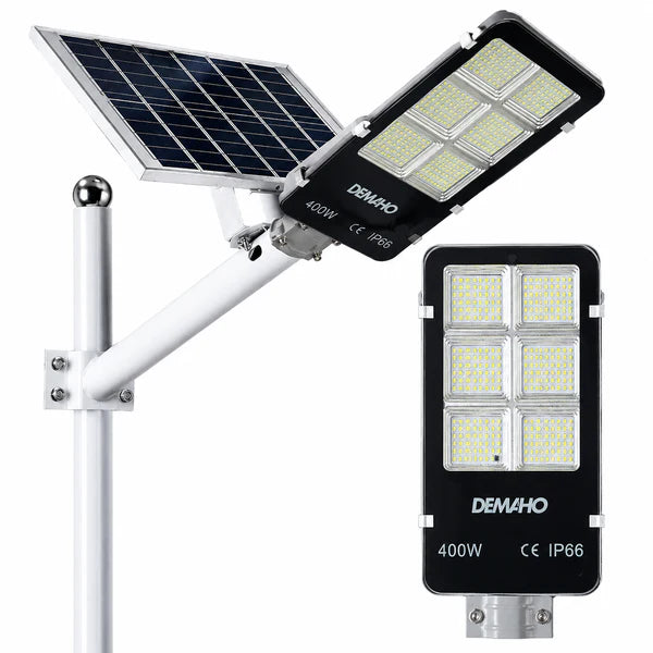 Lampa Solara Stradala 400W DEMAHO cu Panou Separat, Senzor de Lumina, IP66, Iluminare Puternica pentru Exterior + Suport Metalic Cadou