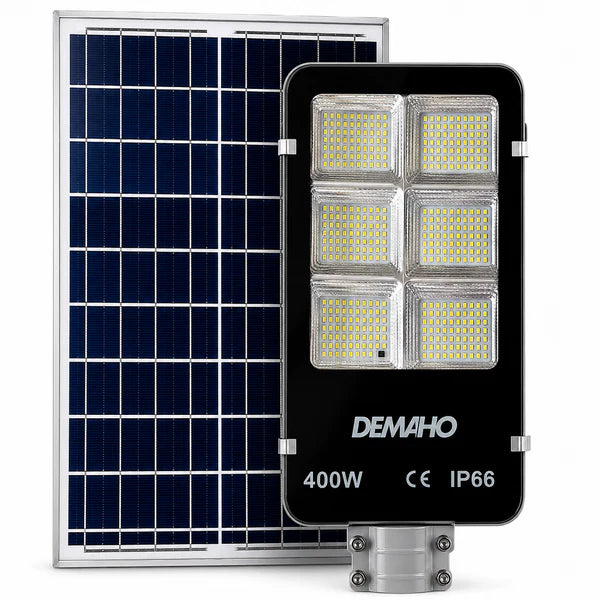 Lampa Solara Stradala 400W DEMAHO cu Panou Separat, Senzor de Lumina, IP66, Iluminare Puternica pentru Exterior + Suport Metalic Cadou