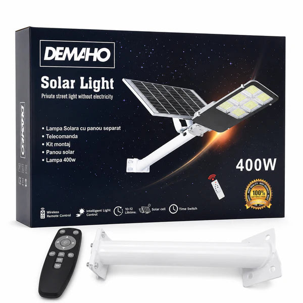 Lampa Solara Stradala 400W DEMAHO cu Panou Separat, Senzor de Lumina, IP66, Iluminare Puternica pentru Exterior + Suport Metalic Cadou