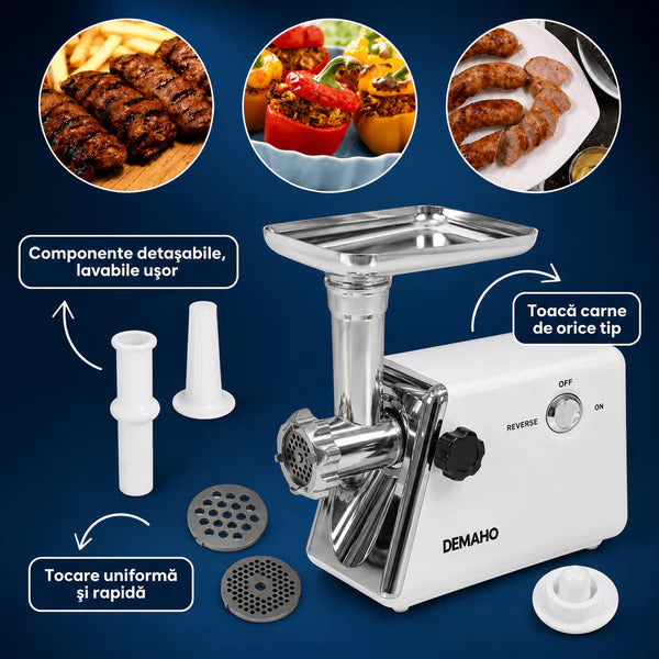 Mașină de tocat carne electrică DEMAHO® 3000 W – 120 kg/oră, 2 site inox, funcție Reverse, componente detașabile