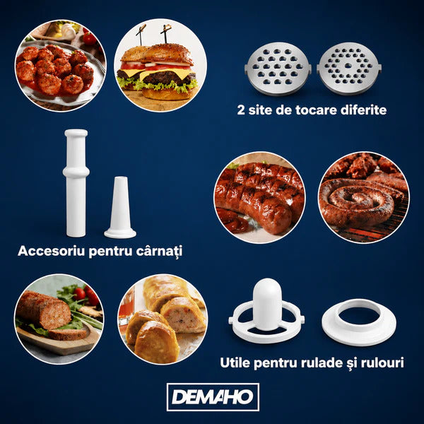 Mașină de tocat carne electrică DEMAHO® 3000 W – 120 kg/oră, 2 site inox, funcție Reverse, componente detașabile