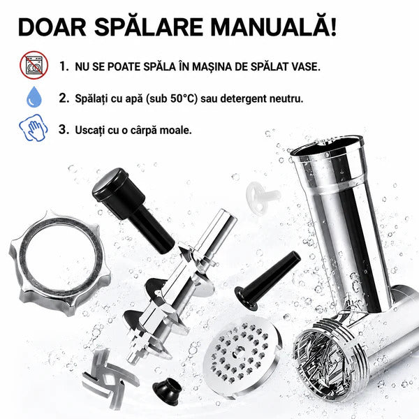 Mașină de tocat carne electrică DEMAHO® 3000 W – 120 kg/oră, 2 site inox, funcție Reverse, componente detașabile