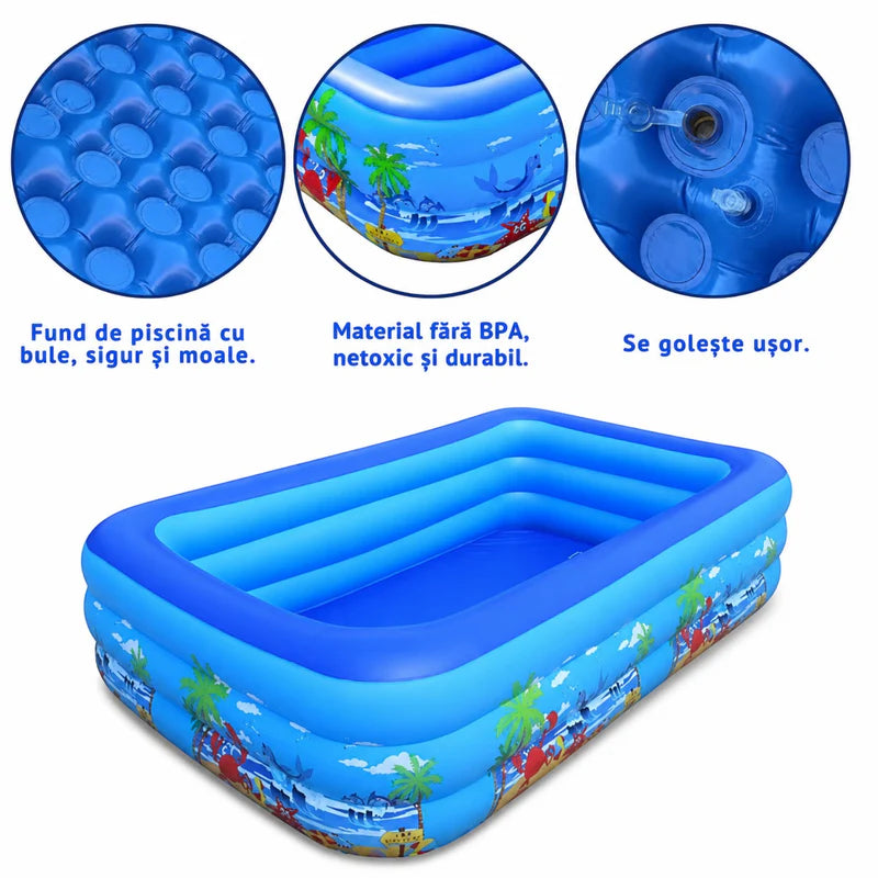 Piscina gonflabila familiala din PVC rezistent, 210x135x54 cm, 3 inele, design tropical, pentru curte si gradina