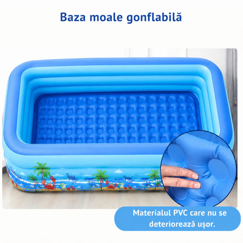 Piscina gonflabila familiala din PVC rezistent, 210x135x54 cm, 3 inele, design tropical, pentru curte si gradina