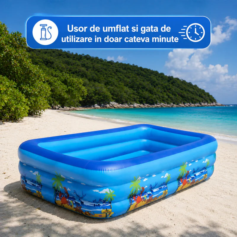 Piscina gonflabila familiala din PVC rezistent, 210x135x54 cm, 3 inele, design tropical, pentru curte si gradina