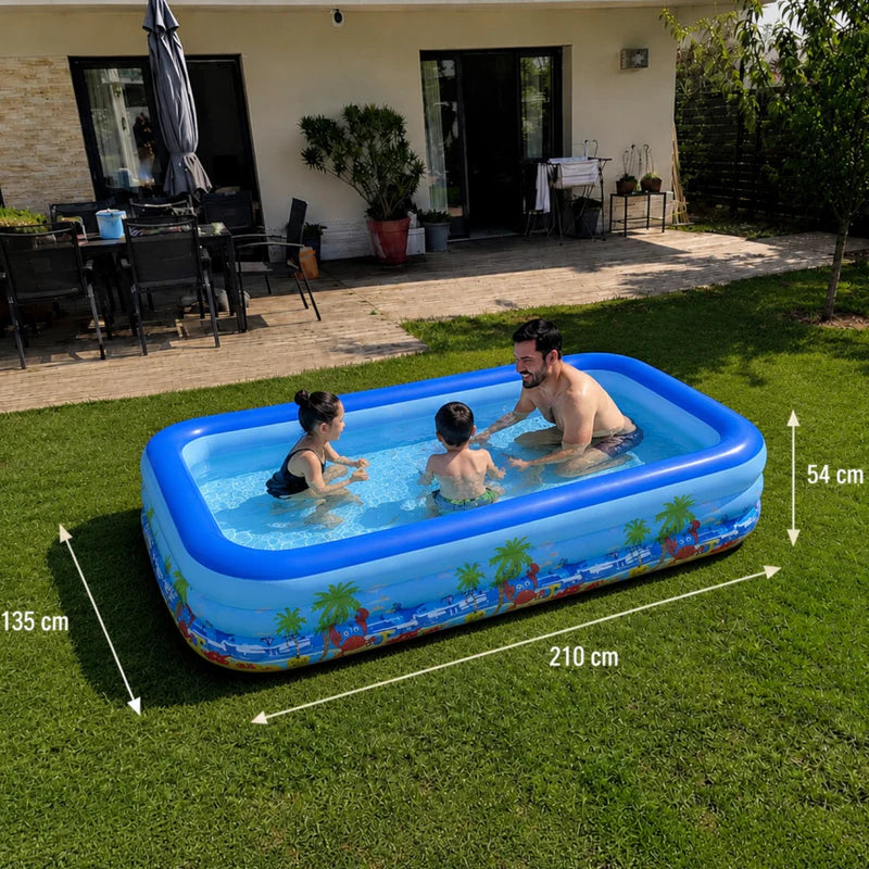 Piscina gonflabila familiala din PVC rezistent, 210x135x54 cm, 3 inele, design tropical, pentru curte si gradina