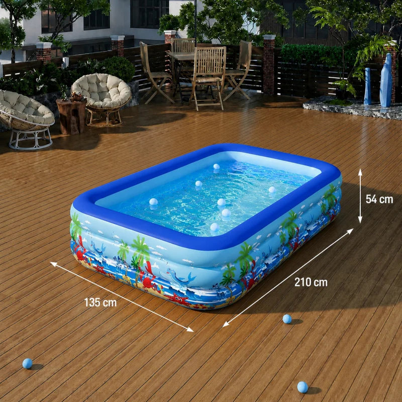 Piscina gonflabila familiala din PVC rezistent, 210x135x54 cm, 3 inele, design tropical, pentru curte si gradina