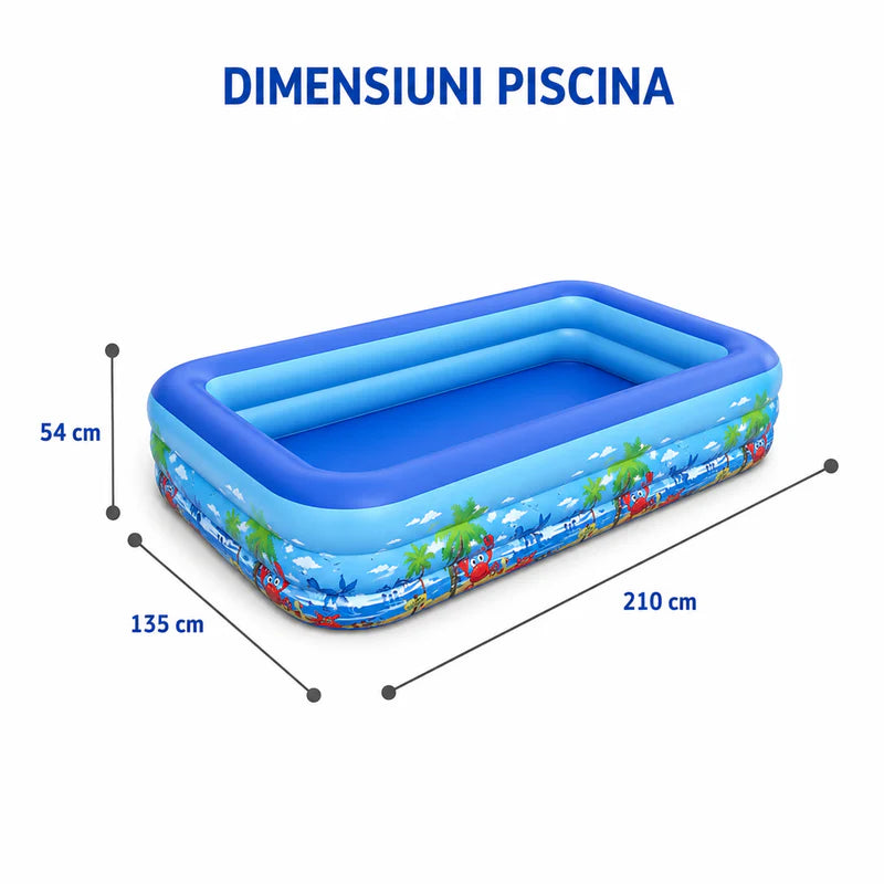 Piscina gonflabila familiala din PVC rezistent, 210x135x54 cm, 3 inele, design tropical, pentru curte si gradina