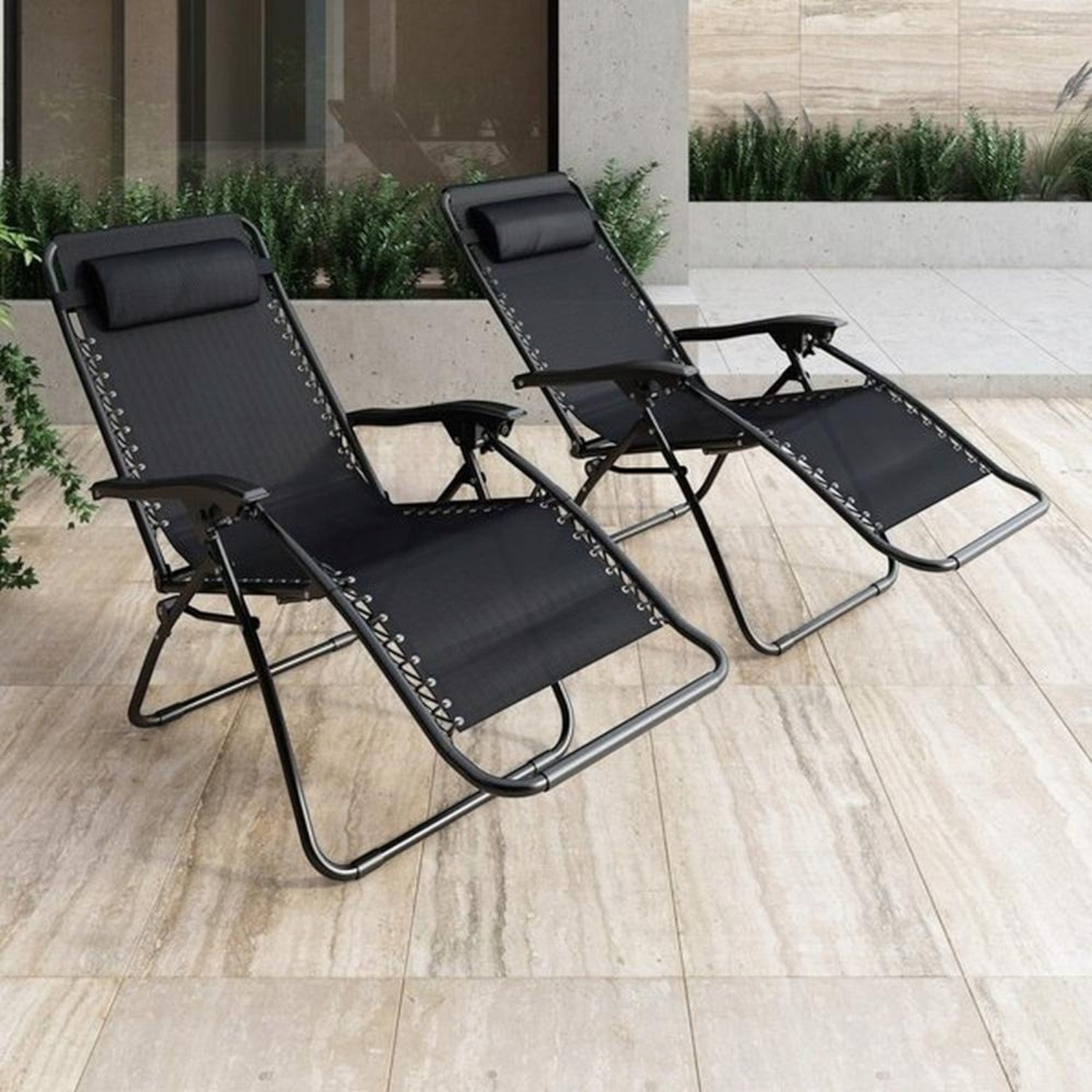Set 2 Sezlong Scaun Pliabil, Gravitatie Zero, Pentru Terasa, Gradina Sau Plaja , Tetiera, Suport Bauturi, Reglabil, Negru din Textilen, 90x65x110cm