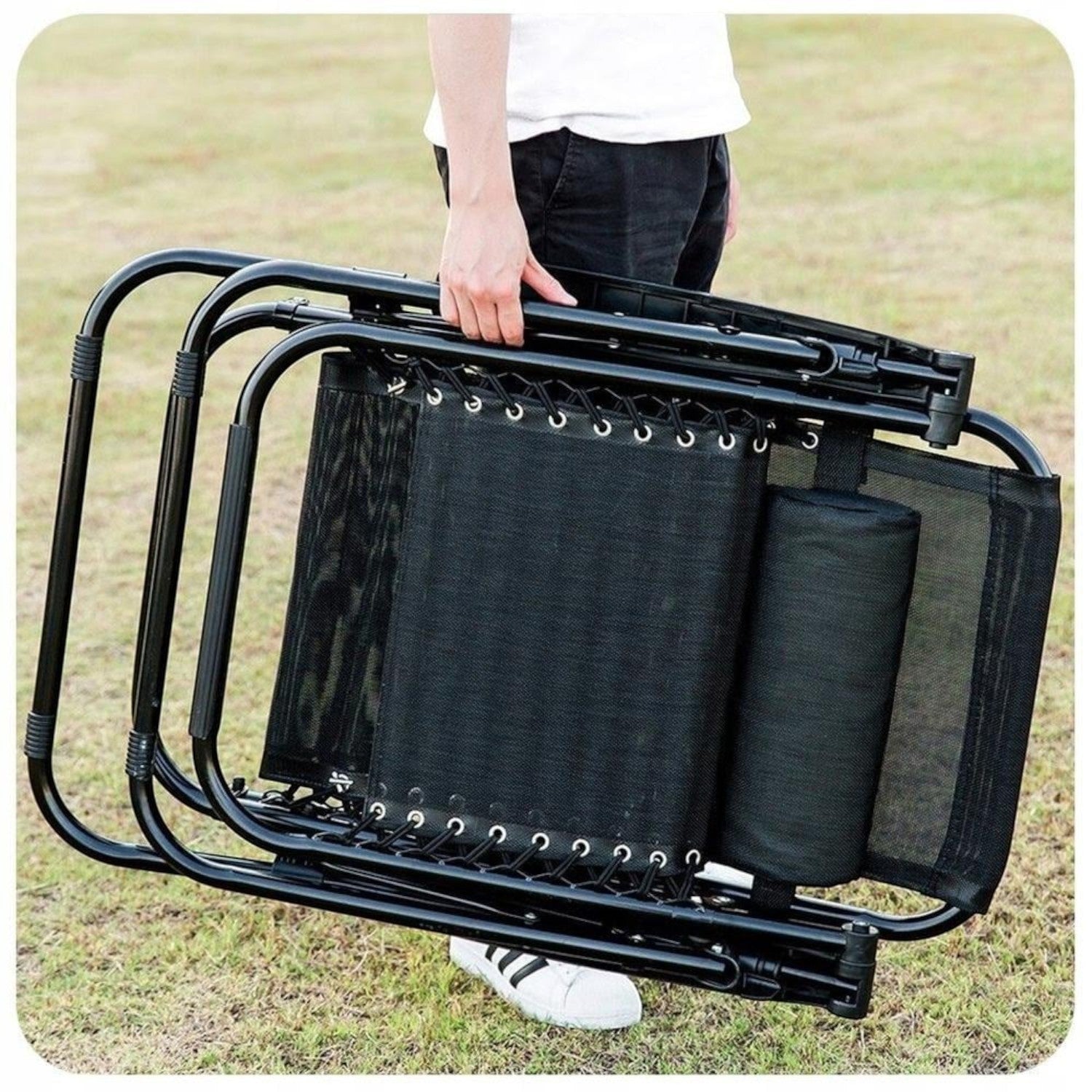 Set 2 Sezlong Scaun Pliabil, Gravitatie Zero, Pentru Terasa, Gradina Sau Plaja , Tetiera, Suport Bauturi, Reglabil, Negru din Textilen, 90x65x110cm