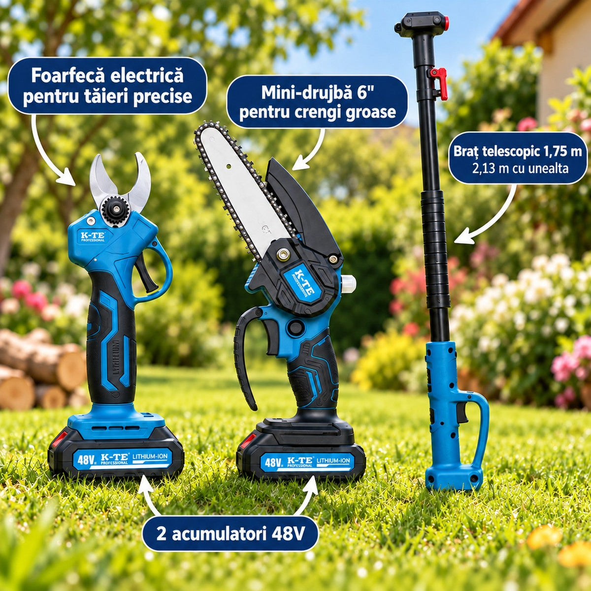 Set Profesional cu Mini-Drujba Si Foarfeca Electrica Cu Brat Telescopic Si 2 Acumulatori 48V
