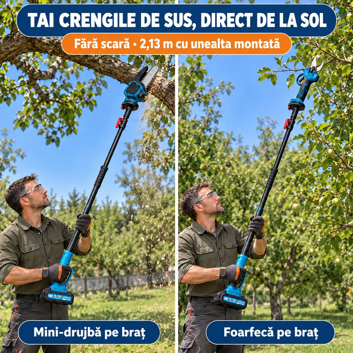 Set Profesional cu Mini-Drujba Si Foarfeca Electrica Cu Brat Telescopic Si 2 Acumulatori 48V
