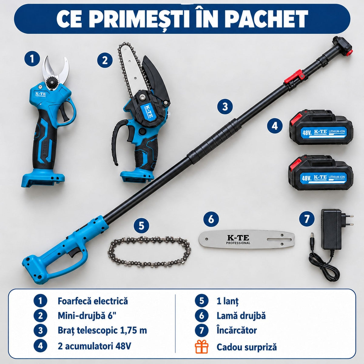 Set Profesional cu Mini-Drujba Si Foarfeca Electrica Cu Brat Telescopic Si 2 Acumulatori 48V