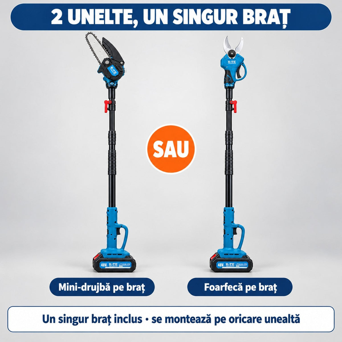 Set Profesional cu Mini-Drujba Si Foarfeca Electrica Cu Brat Telescopic Si 2 Acumulatori 48V