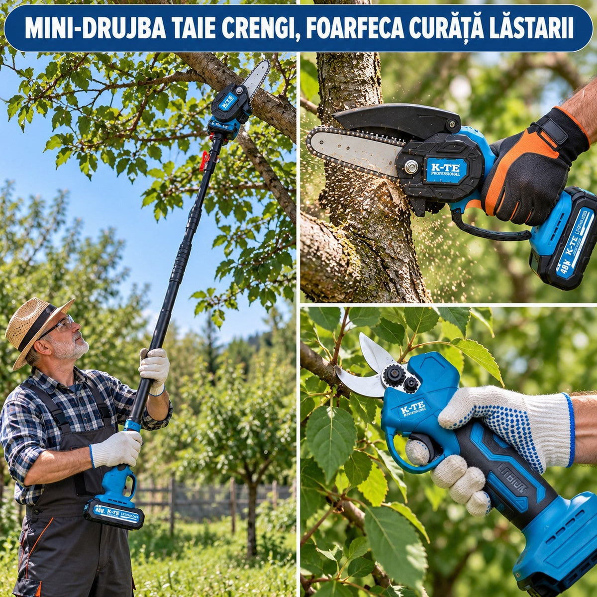 Set Profesional cu Mini-Drujba Si Foarfeca Electrica Cu Brat Telescopic Si 2 Acumulatori 48V