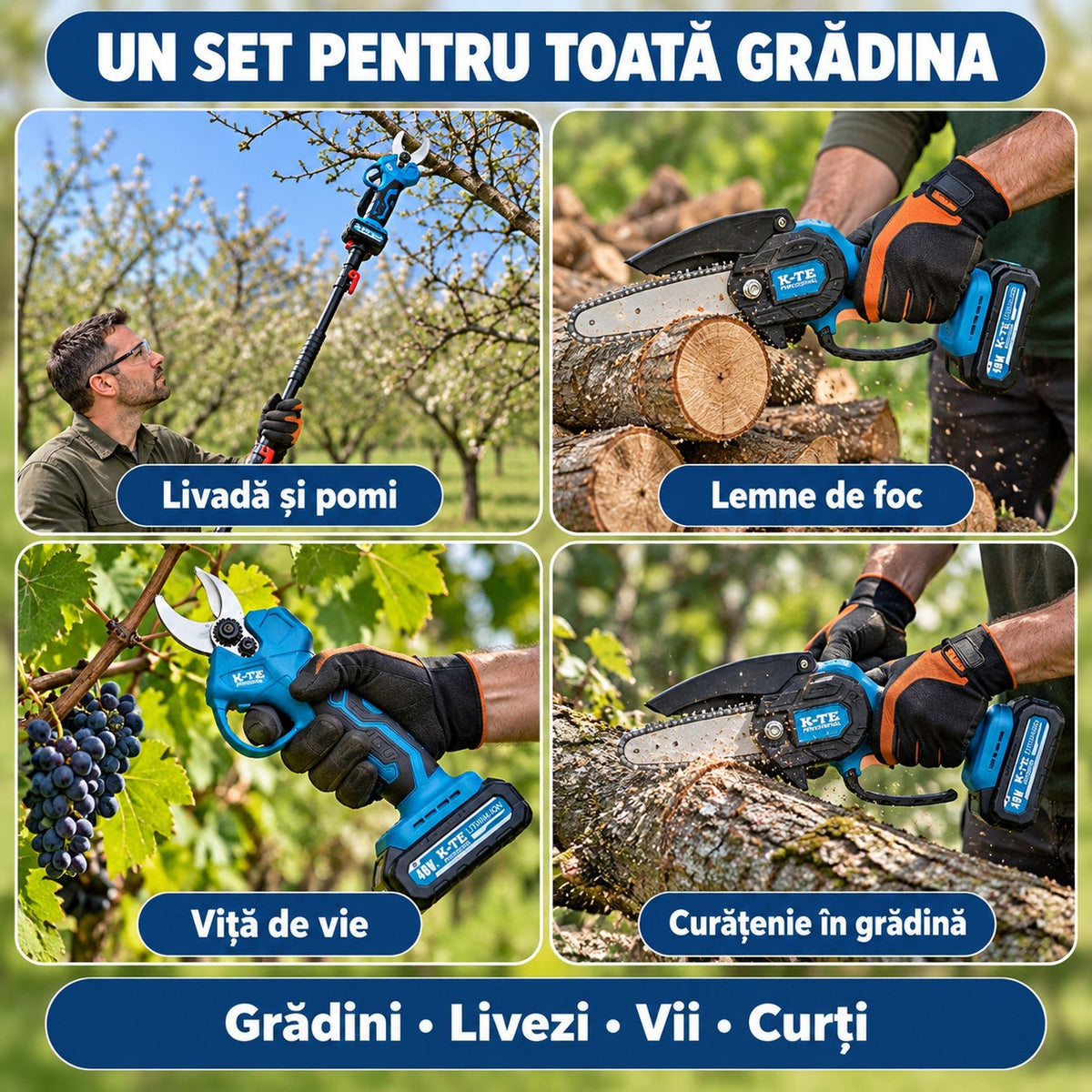 Set Profesional cu Mini-Drujba Si Foarfeca Electrica Cu Brat Telescopic Si 2 Acumulatori 48V