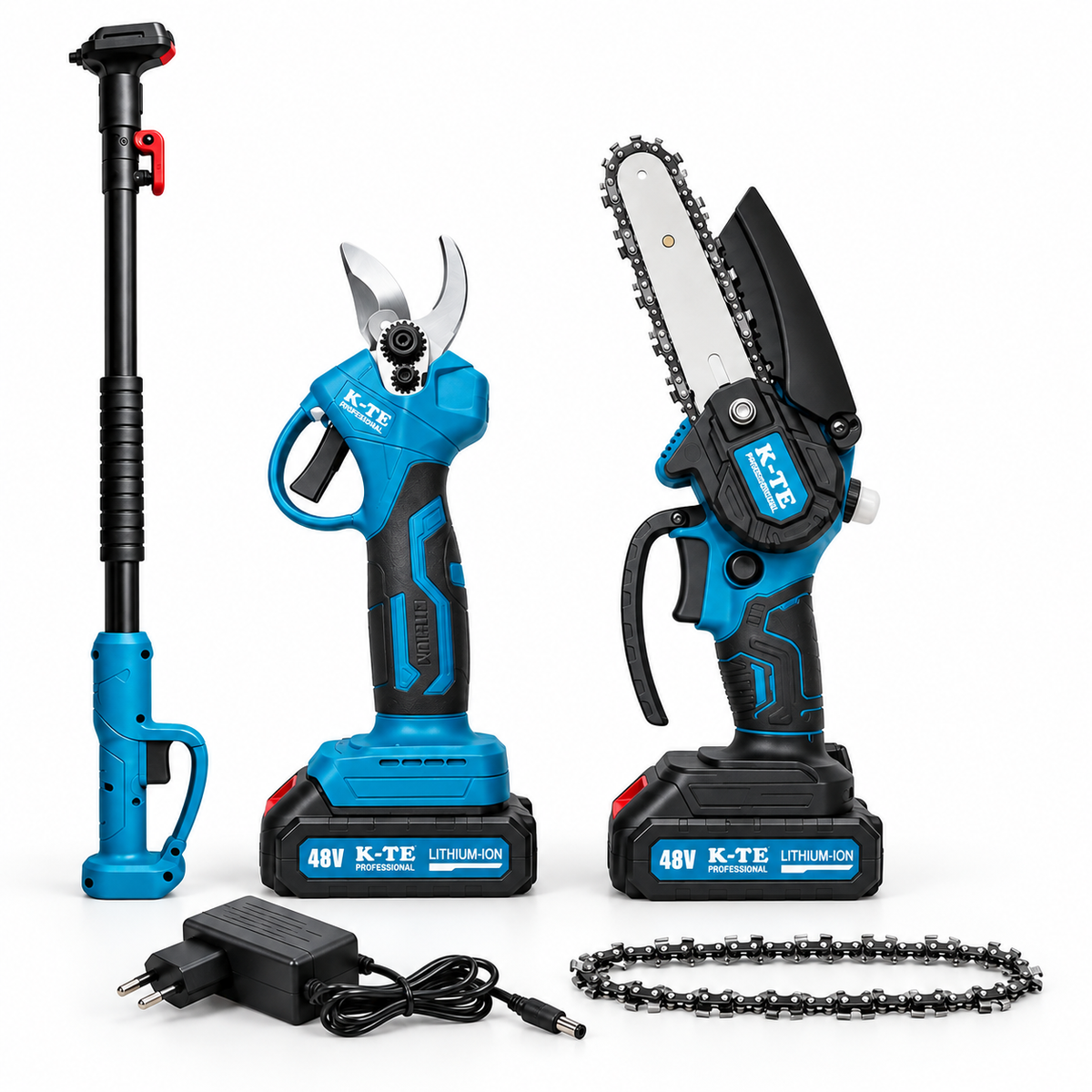 Set Profesional cu Mini-Drujba Si Foarfeca Electrica Cu Brat Telescopic Si 2 Acumulatori 48V