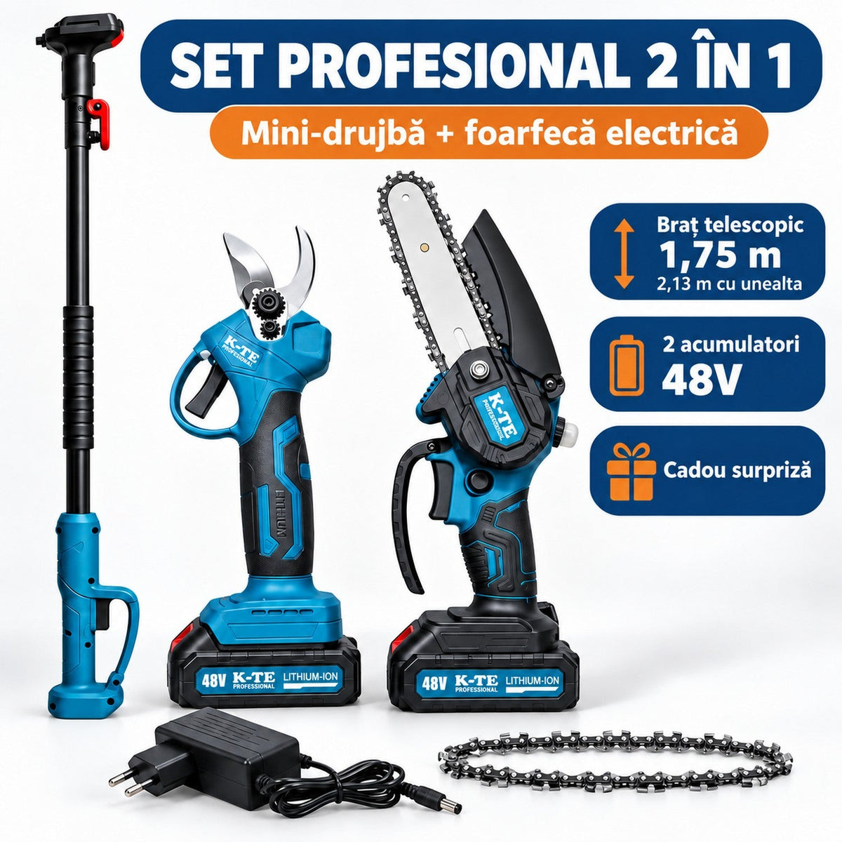 Set Profesional cu Mini-Drujba Si Foarfeca Electrica Cu Brat Telescopic Si 2 Acumulatori 48V